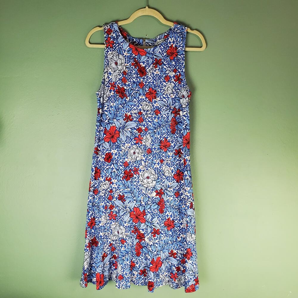 Tommy Bahama Darcy Geo Garden Flounce Dress Floral Ponte Shift Blue Size Medium